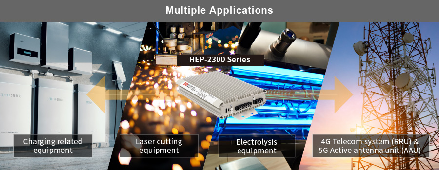 MEAN WELL's HEP-2300 series includes four different output voltages, 55V/115V/230V and 380V. It is suitable for high dust environment or indoor and outdoor equipment. The output voltage can be adjusted in three ways, including a built-in variable resistor, through the programmable (PV/PC) function, and can also be adjusted through digital communication such as CANBus/PMBus/MODbus, which is convenient for system integration and control through human-machine interface.  Aside from offering different output voltages, the HEP-2300 series also provides three wiring methods, including traditional terminal block, waterproof wiring cable and waterproof connector. In particular, the waterproof connector can be used for 4G telecommunication radio equipment RRU (Remote Radio Unit) and 5G active antenna AAU (Active Antenna Unit) which can be used in outdoor base stations. It also provides different mounting solutions such as mounting plate type, rear mount or side mount types. If needed with different cables, MEAN WELL can also provide complete cable modification services. Please contact MEAN WELL sales representatives for details.